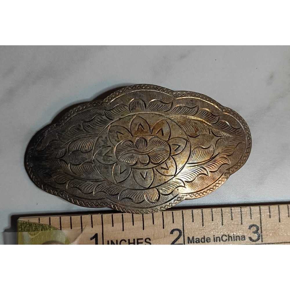 Vintage Barrette Etched Carved Copper Brass Hair Clasp Pic Color Off Bad Light